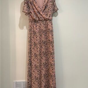 Pink Flutter Sleeve V-Neck Maxi Dress